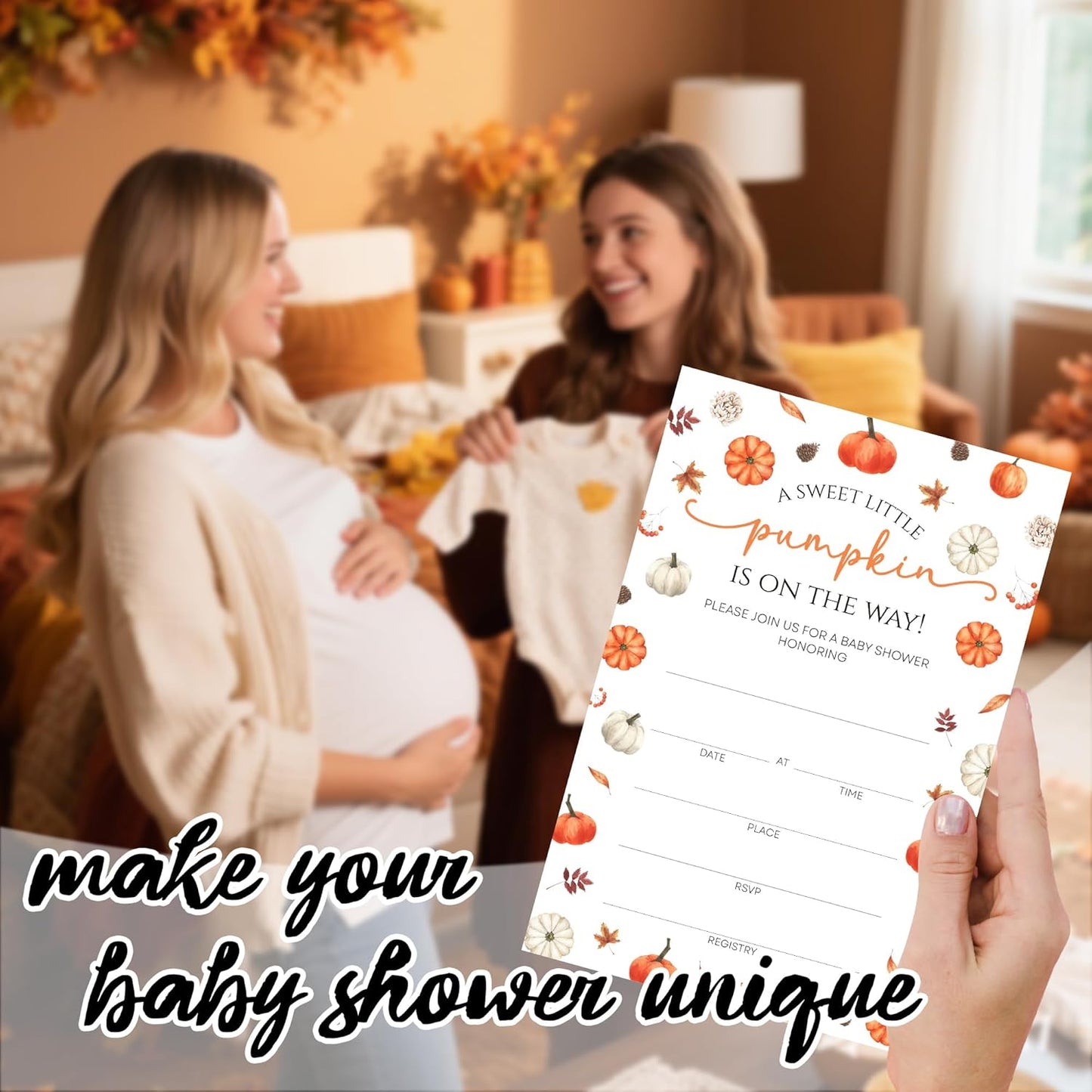 Fall Pumpkin Baby Shower Invitations - “A Sweet Little Pumpkin Is On The Way” Design with Envelopes And RSVP Cards - 20Pcs Fill In Baby Shower Party Cards(4 x 6 Inch) (044)