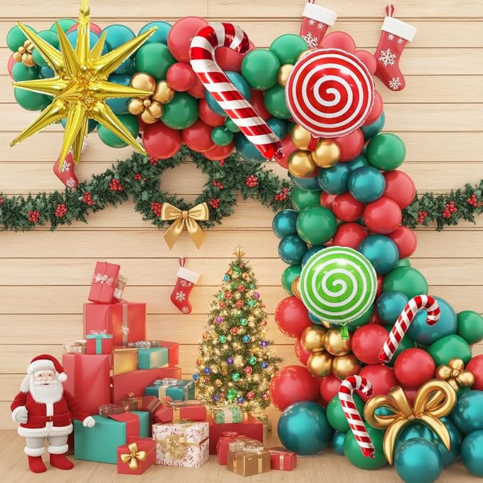Christmas Balloon Garland Arch Kit, Xmas Red Green Gold Balloons Candy Cane Explosion Star Mylar Foil Balloons for Merry Christmas Ugly Sweater New Year Friendsmas Festival Birthday Party Decorations