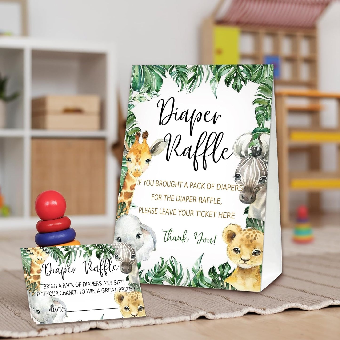 Jungle Animals Diaper Raffle Tickets for Baby Shower Game, 1 Standing Sign(5 * 7 Inch) & 50 Guessing Cards for Baby Shower Party Decoration, C1