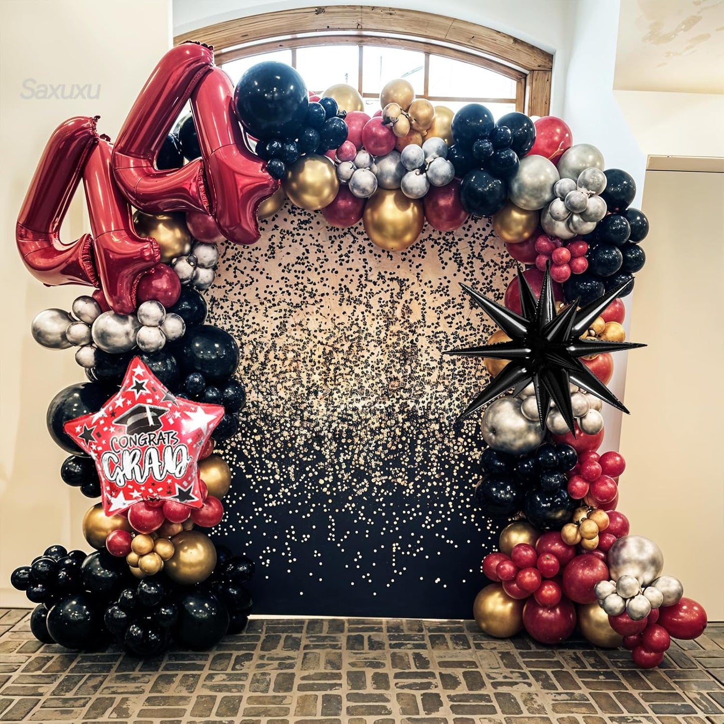 Red and Black Balloon Arch Kit, Red Black Silver Balloons Garland Arch Kit, Star Foil Balloons, Silver Confetti Balloon For Graduation Birthday Anniversary Engagement Party Wedding Decorations