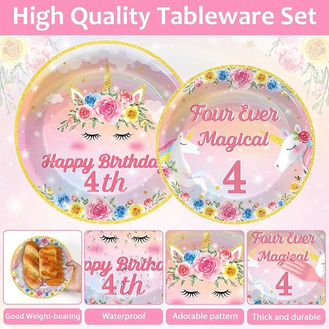 96PCS Four Ever Magical Party Paper Plates and Napkins Unicorn 4th Birthday Party Decor Rainbow Unicorn Plates Girls 4 Year Old Tableware Set for 24 Guests Magical 4th Birthday Gatherings Decorations