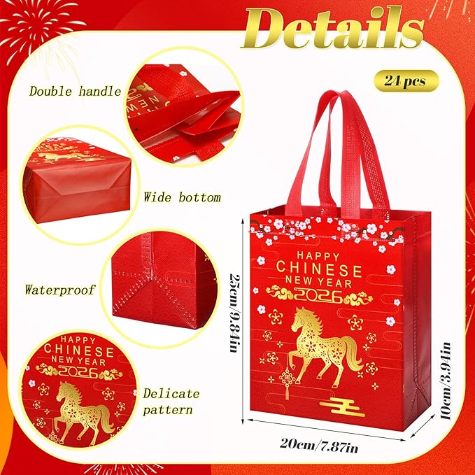 Supervitae 24 Pcs Chinese New Year 2026 Gift Bags with Handle Horse Lunar New Year Gift Bag Spring Festival Red Goodie Treat Party Supplies for Family Neighbor Friend Party Decor(9.8" x 7.9" x 3.9")