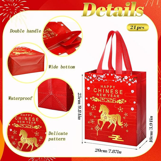 Supervitae 24 Pcs Chinese New Year 2026 Gift Bags with Handle Horse Lunar New Year Gift Bag Spring Festival Red Goodie Treat Party Supplies for Family Neighbor Friend Party Decor(9.8" x 7.9" x 3.9")