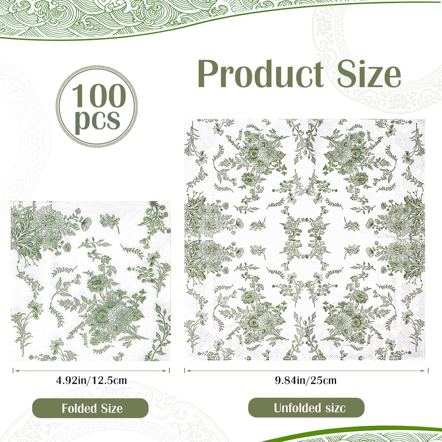 100Pack Sage Green Floral Cocktail Napkins Disposable Wedding Paper Napkin Decorative Green & White Hydrangea Flower Guest Hand Towel Fancy Dinner Napkin for Bridal Baby Shower Birthday Party Supplies