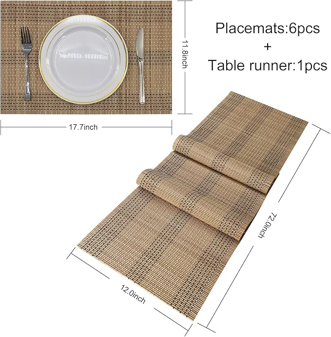 ANDSTAR 6 Pcs Natural Bamboo Placemat with Matching 1 Piece 12 x 72 Inch Table Runner Heat Resistant Oil-Proof Non-Slip Waterproof Easy to Clean Place Mats and Table Runner(Brown) …