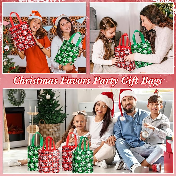 Wovnet 30 Pcs Christmas Bags Bulk Snowflake Plaid Winter Merchandise Gift Bags with Handles Reusable Non Woven Tote Shopping Goodie Pouch for Xmas Party Favors 10 x 8 x 4in