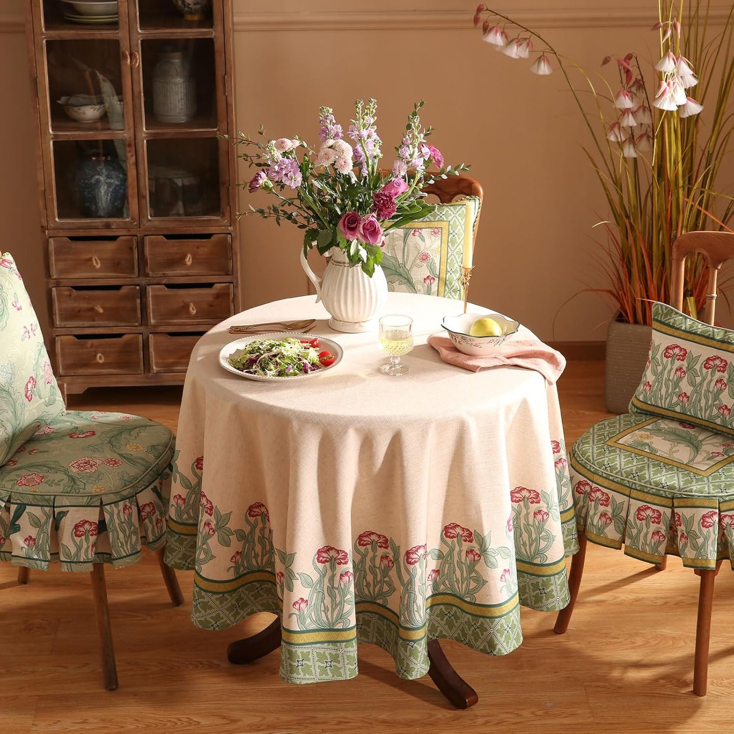 patdrea Designer Green Tablecloth for Round Table,Vintage Linen Leaves Pattern Table Cloth,Floral Cover Fall Decor for Kitchen Dining Christmas,Thanksgiving,Diameter 67"-Cecilia D