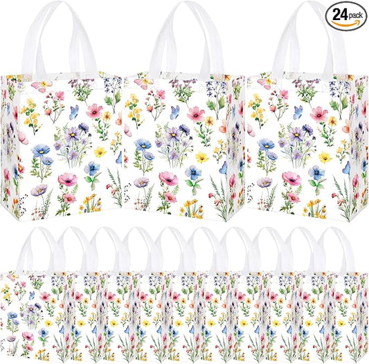 Supervitae 24 Pack Brightly Floral Gift Bags Medium Floral Party Favor Bags Reusable Totes Non Woven Goodie Totes for Spring Summer Wedding Birthday Baby Shower Family Travel(9.8" x 7.9" x 3.9")
