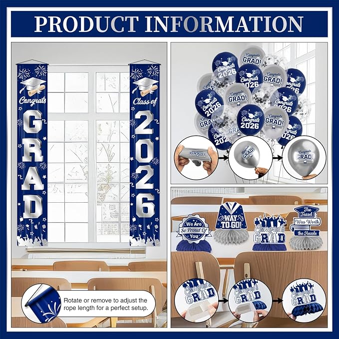 Graduation Decorations Class of 2026 Blue and Silver Graduation Party Decor Set include Congrats Grad Banner Backdrop Class of 2026 Balloons Party Supplies