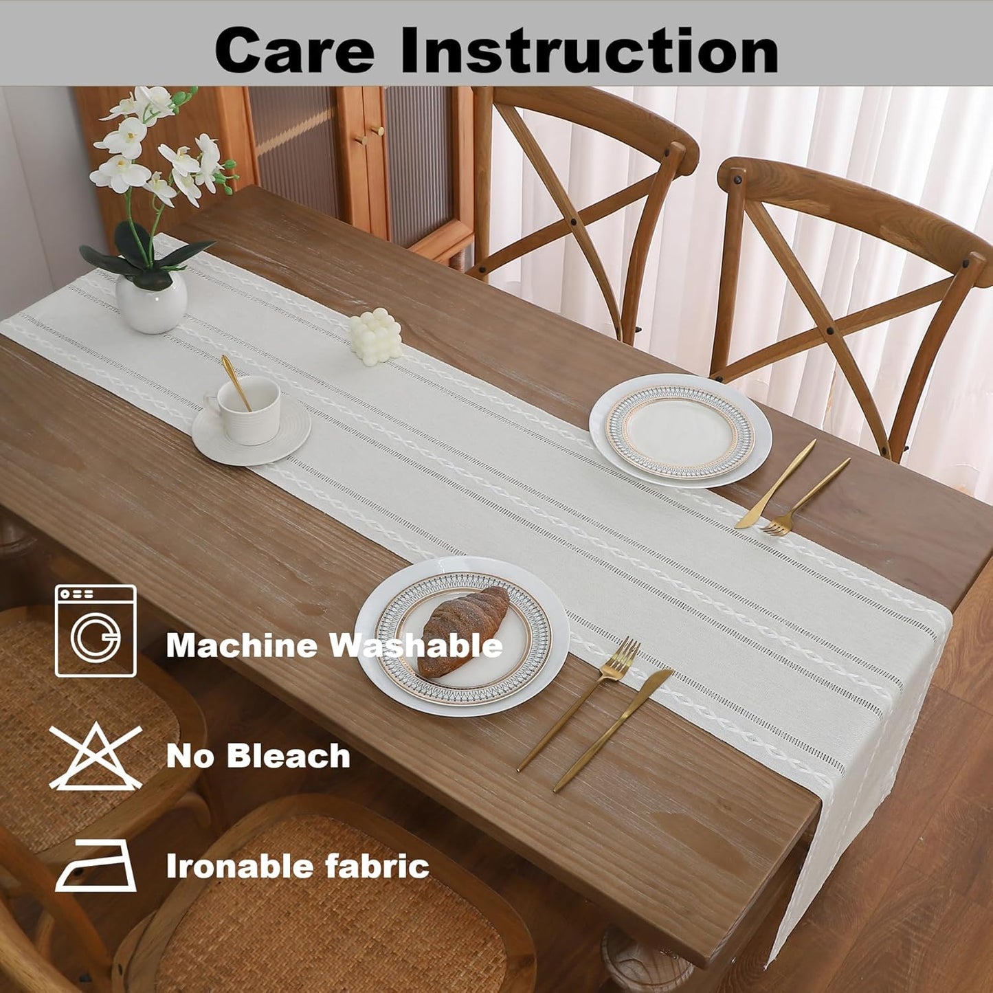 Gernaice Boho Table Runner, Rustic Cotton Linen Farmhouse Table Runners for Dresser End Coffee Table Home Decor, 36" L X 13" W Ivory