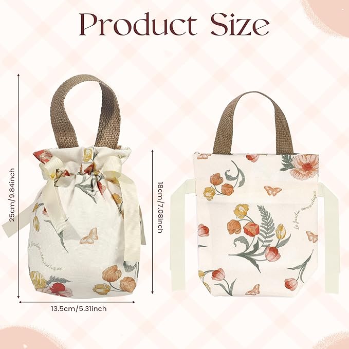 Liobelon Small Floral Gift Bags with Handles,8 Pieces Floral Canvas Drawstring Bags Small Candy Treat Bag Tea Party Favor Bag Jewelry Pouches for Women Wedding Birthday Party Supplies (Champagne)