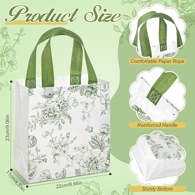 Sweetude 16 Pcs Sage Green Floral Gift Bags Floral Gift Bag with Handles Flower Party Favors Non Woven Reusable Tote for Women Wedding Birthday Baby Shower Mothers Day Party Decorations