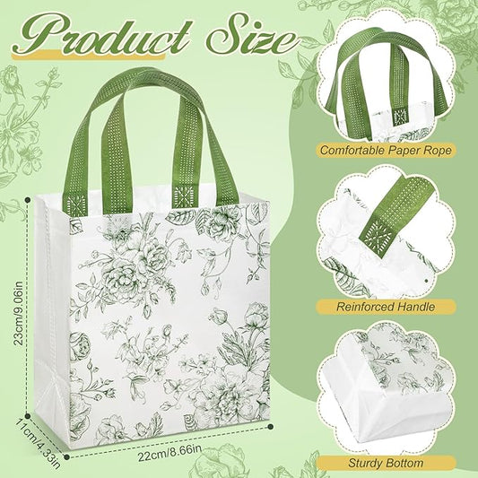 HunnmingRe 30 Pcs Sage Green Floral Gift Bags Floral Gifts Bag with Handles Bulk Wedding Bridal Shower Party Favor Non Woven Reusable Tote for Women Baby Shower Birthday Tea Fall Party Supplies