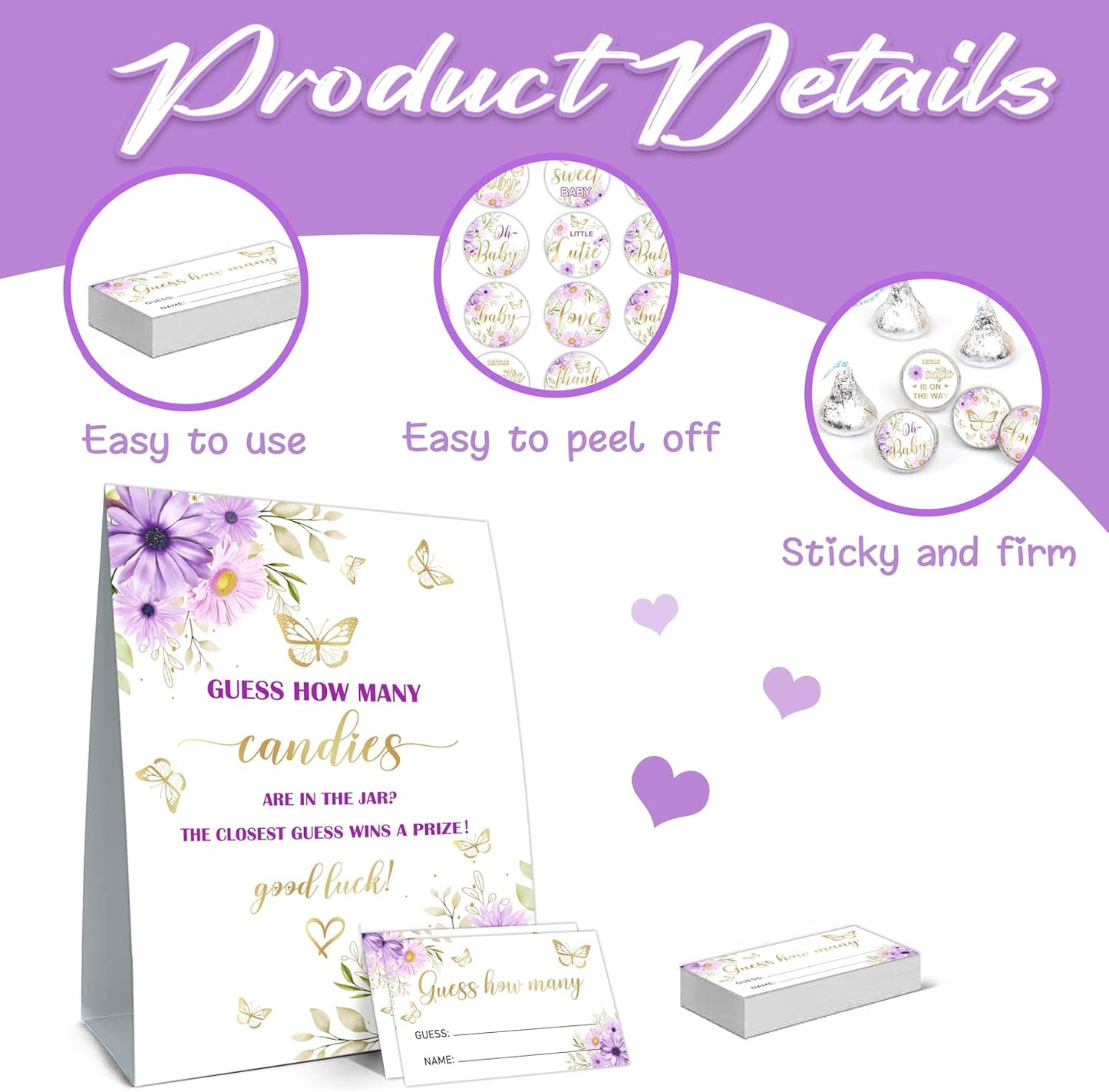 How Many Candies Baby Shower Games, How Many Candies Standing Sign 50 Guessing Cards 180 Baby Shower Candies Stickers, Guess How Many Candies Baby Showers Game Set for Baby Shower Decoration (Purple)