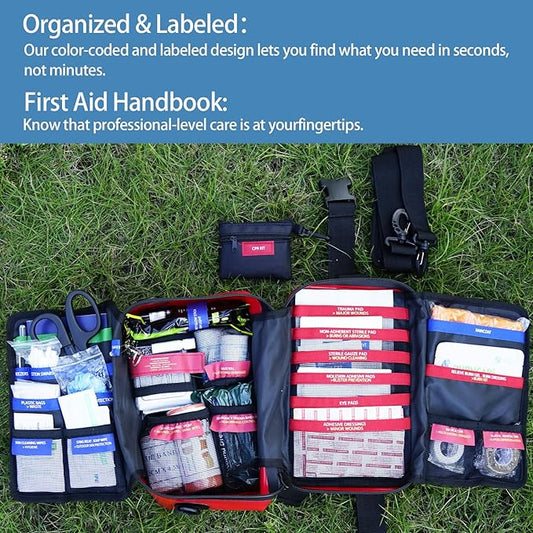 Waterproof First Aid Kits -348 Piece Comprehensive Trauma Kit, Emergency Medical Kit for Marine, Outdoor, Camping, Hurricanes, Boating and Car -With Labeled Compartments for Easy Access