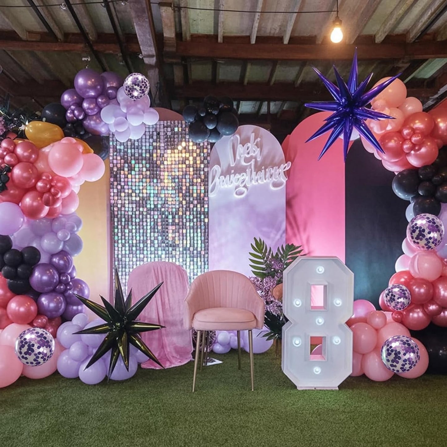 Pink and Purple Balloon Garland Arch Kit, Black Purple Pink Metallic Confetti Latex Party Balloons with Explosion Star Foil Balloon for Girls Bridal Baby Shower Wedding Birthday Party Decorations