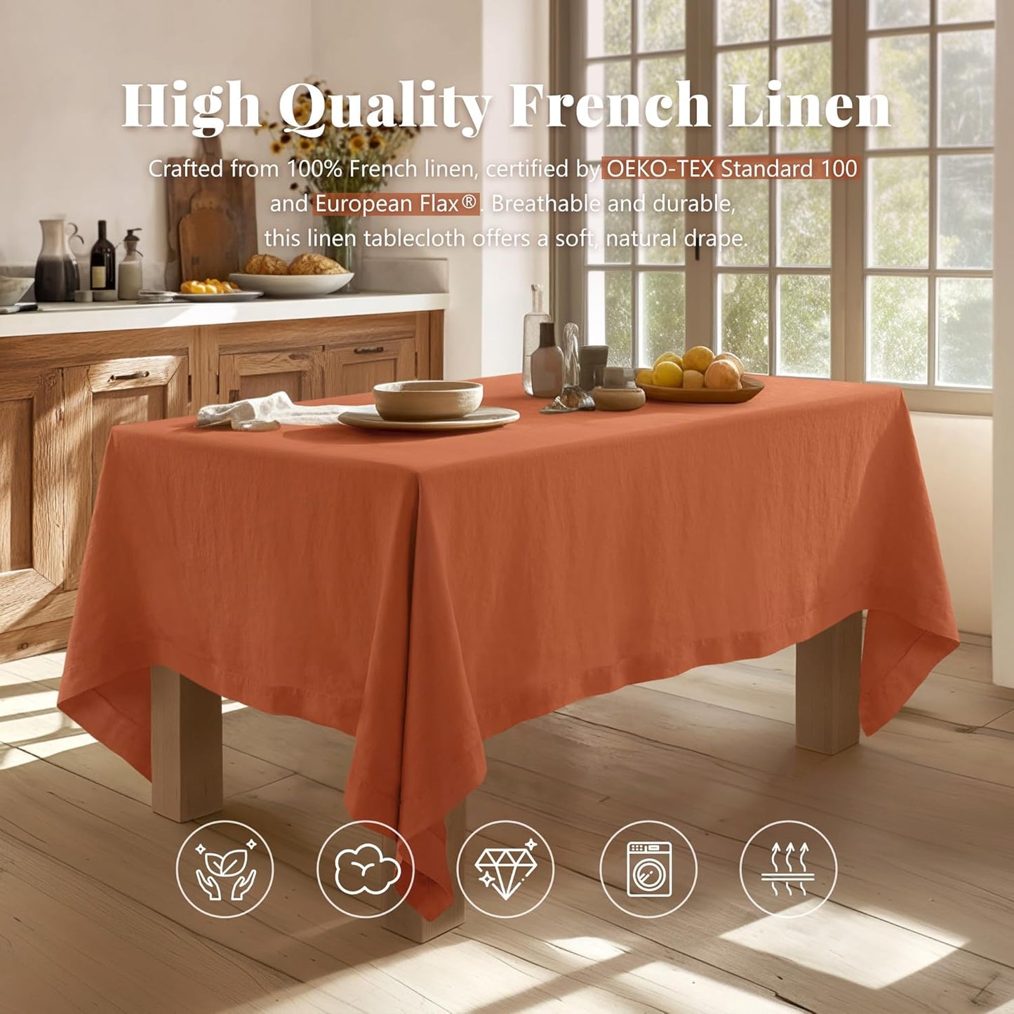 Linen World Fall Linen Tablecloth 108" x 60" Inch,French Linen Washable Rectangular Table Cloth for Dining,Outdoor,Weddings and Restaurants,Decorative Thanksgiving Christmas,Burnt Orange