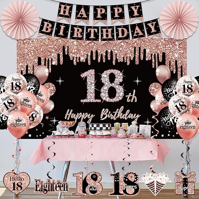 18th Birthday Decorations for Girls, 33pcs Black Rose Gold Happy 18th Birthday Banner 18 Birthday Crown and Sash Balloons Backdrop Hanging Swirls Paper Fans, 18 Years Old Party Supplies Kit