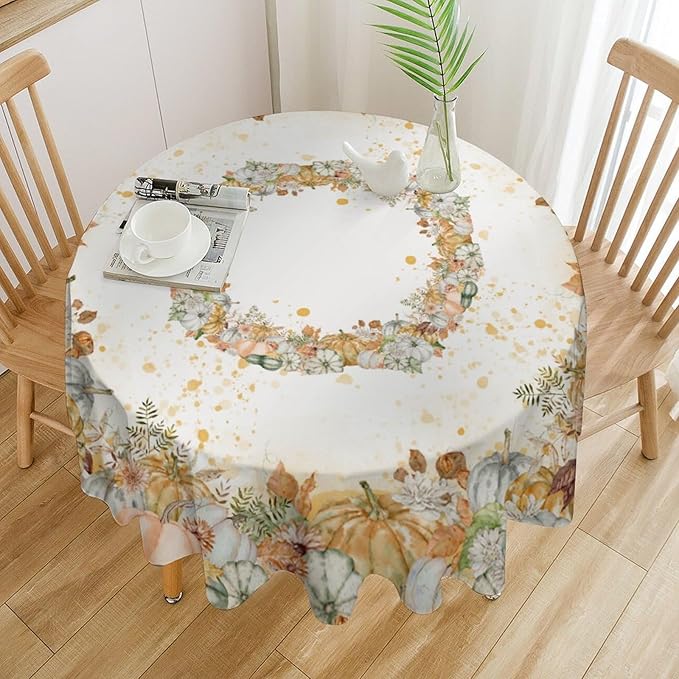 YCness Fall Tablecloth Thanksgiving Autumn Harvest Orange Watercolor Pumpkin Leaves Table Cover for Party Picnic Dinner Decor 36x36 Inch Round