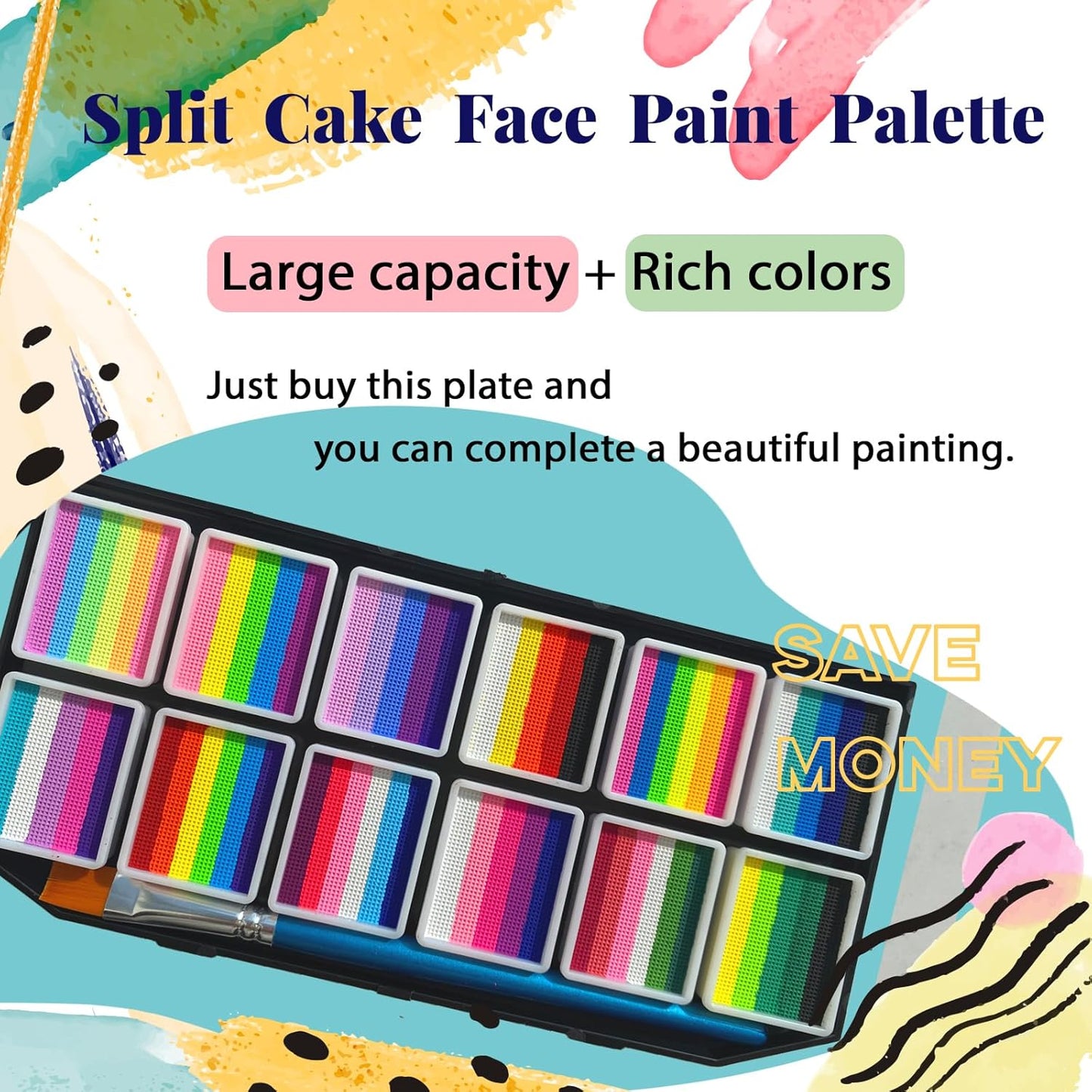 Professional Face Painting Kit for Kids & Adults, Split Cake Face Paint Palette Non-Toxic Water Activated Facepaint Palette with Brush, Sponge, for Party Halloween (12 Split Cakes)