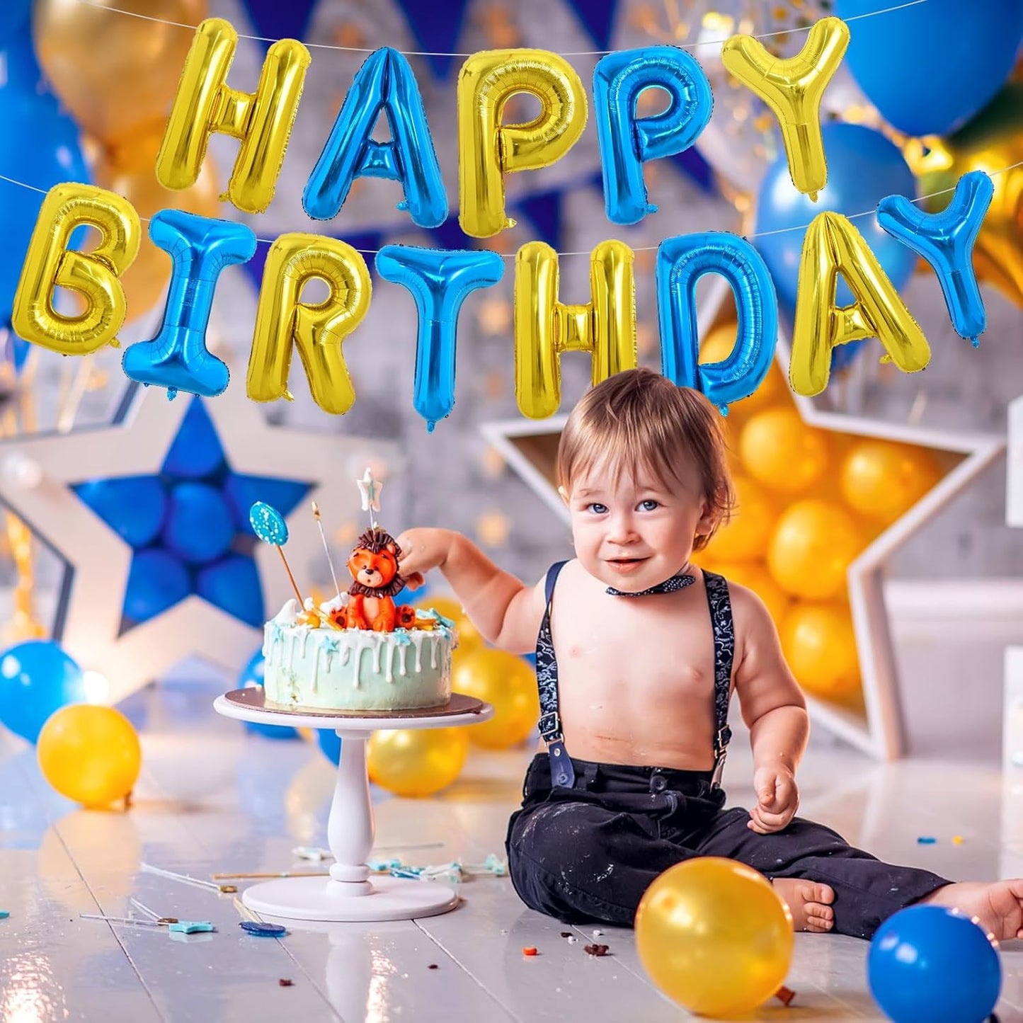 TONIFUL Happy Birthday Balloons with Ribbon Straw, 16 Inch Mylar Letters Birthday Sign Banner Bunting Reusable for Girls Boys Kids & Adults Party Decorations Supplies（Gold Blue）