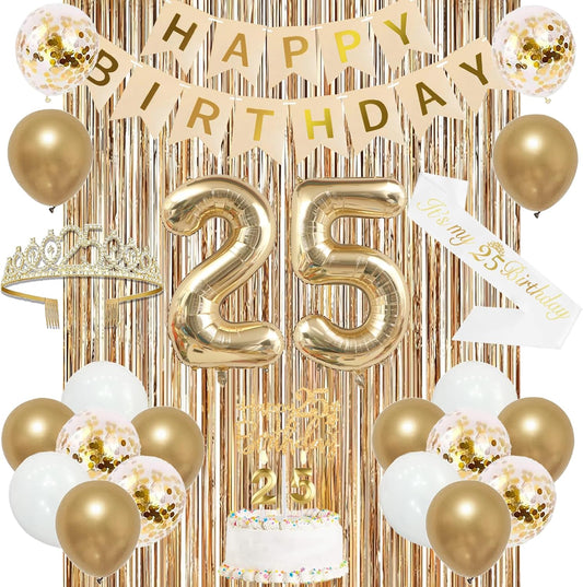 Trgowaul 25th Birthday Decorations for Women, Banner, Sash and Crown, Cake Topper, 25 Number Balloon, Fringe Curtains, Champagne Gold 25th Birthday Party Supplies