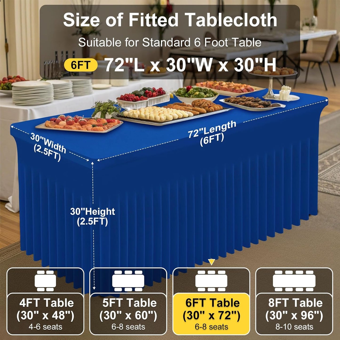 Smiry Spandex Tablecloth 2 Pack, Elastic Fitted Stretch Tablecloth for 6FT Rectangle Tables, Waterproof Washable Table Cover Skirt for Outdoor, Wedding, Banquet & Parties (Blue, 72Lx30Wx30H Inch)