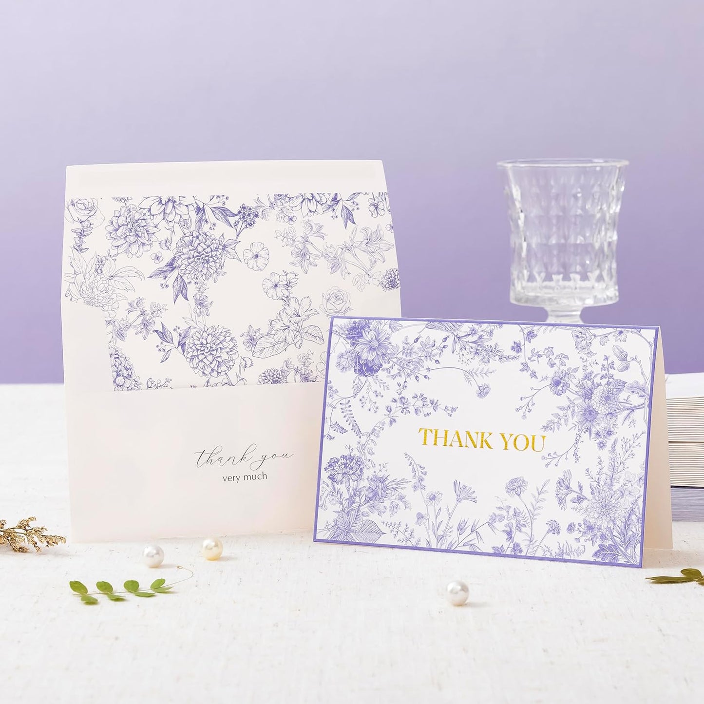 Crisky Purple Floral Thank You Cards with Envelopes and Stickers, 50 Pack Lavender Wedding Thank You Notes Bulk for Bridal Shower Baby Shower Business Graduation, All Occasion