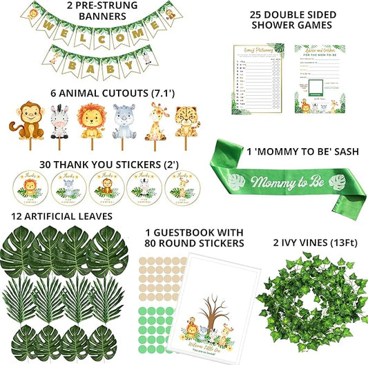 207 Pcs Safari Baby Shower Decorations for Boy Jungle Theme Baby Shower Decor - Banner, Animal Cutouts, Balloons, Paper Decorations, Guest Book, Leaves, Games, Sash