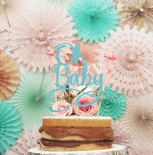 Oh Baby Cake Topper - Sky Blue Baby Birthday Party Cake Decoration Supplies, for Baby Shower/Gender Reveal Party Photo Booth Props