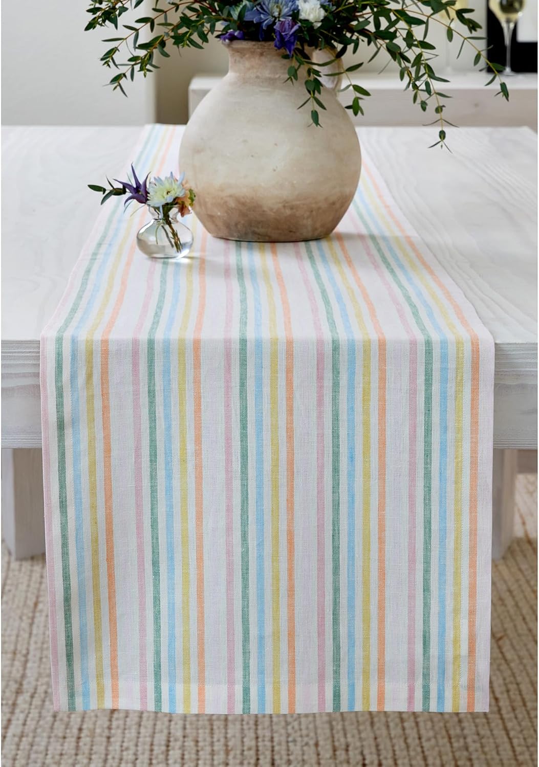 Solino Home Linen Table Runner 90 Inches Long - Julia, 100% Pure Linen Multicolor Muted Pastel Stripe Table Runner 14 x 90 Inch for Dining