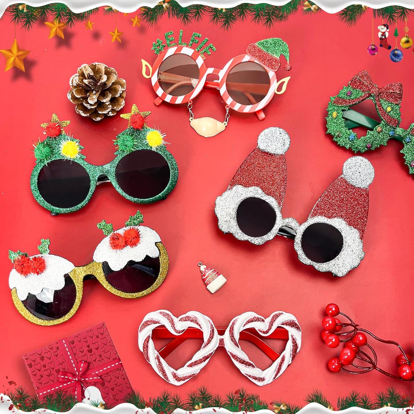 Pibupibu 8 Pack Merry Christmas Party Favors Funny Eyeglasses Set, Christmas Tree, Garland, Santa Claus, Elk, Snowman Eyewear
