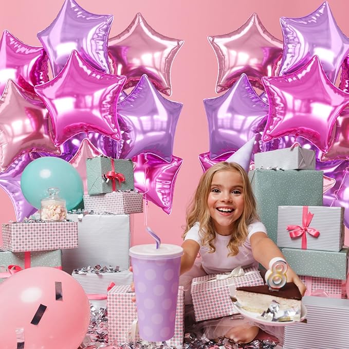 Pink and Purple Star Foil Balloons, 10PCS Pink Foil Stars Shape Balloons, 18 Inch Metallic Purple Stars Balloon for Helium Pentagram Balloon for Girls Birthday, Princess, Anniversary Party Decoration