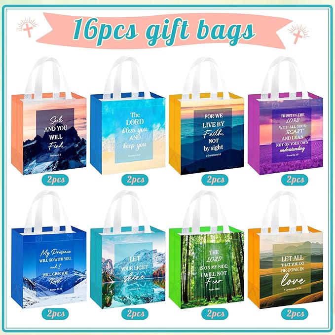 HunnmingRe 16 Pcs Christian Gift Bags Bulk, Easter Reusable Scene Religious Bible Verse Tote with Handles Non Woven Scripture Pastor Blessing Gift for Baptism Church Wedding Favors