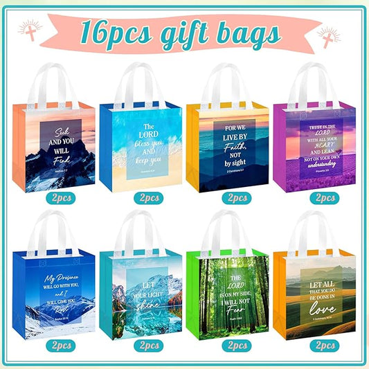 HunnmingRe 16 Pcs Christian Gift Bags Bulk, Easter Reusable Scene Religious Bible Verse Tote with Handles Non Woven Scripture Pastor Blessing Gift for Baptism Church Wedding Favors