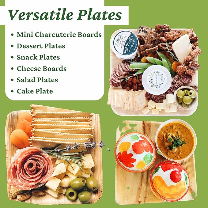 Dtocs Palm Leaf Plates Disposable 7" Square (50) | Compostable Dinnerware for Serving Desserts, Appetizer, Salad, Mini Charcuterie Boards for Camping, Wedding, Birthday | Sturdy than Paper Plates
