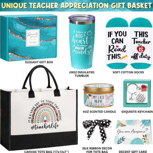 Best Teacher Christmas Appreciation Gifts for Women, End of Year Teacher Gifts from Student, Thank You Gift Basket Funny Daycare Teachers Unique Birthday Retired Gift for Teachers w/ Canvas Tote Bag
