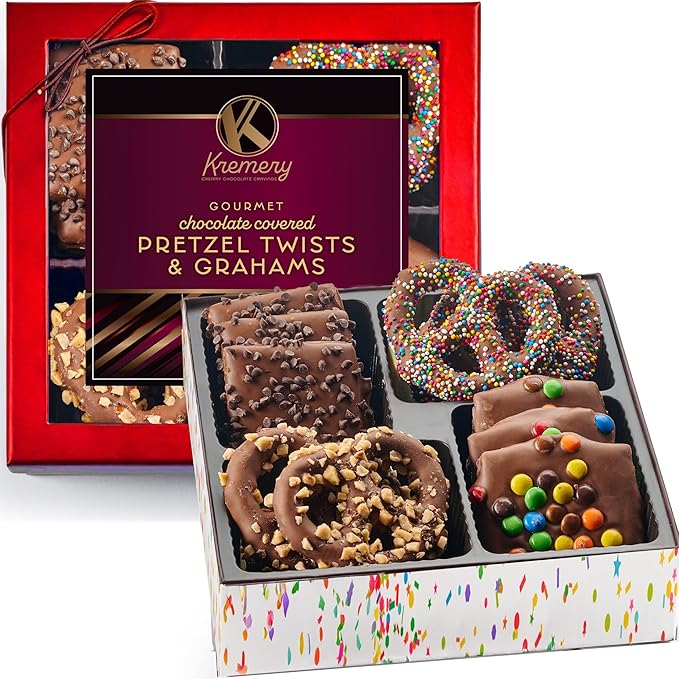 KREMERY Creamy Chocolate Cravings - Halloween Treats For Adults Chocolate Covered Pretzel Twists & Grahams Cookies Gift Basket, in Brown Gift Box (12 Count, Assorted Sweet Toppings) Holiday Christmas