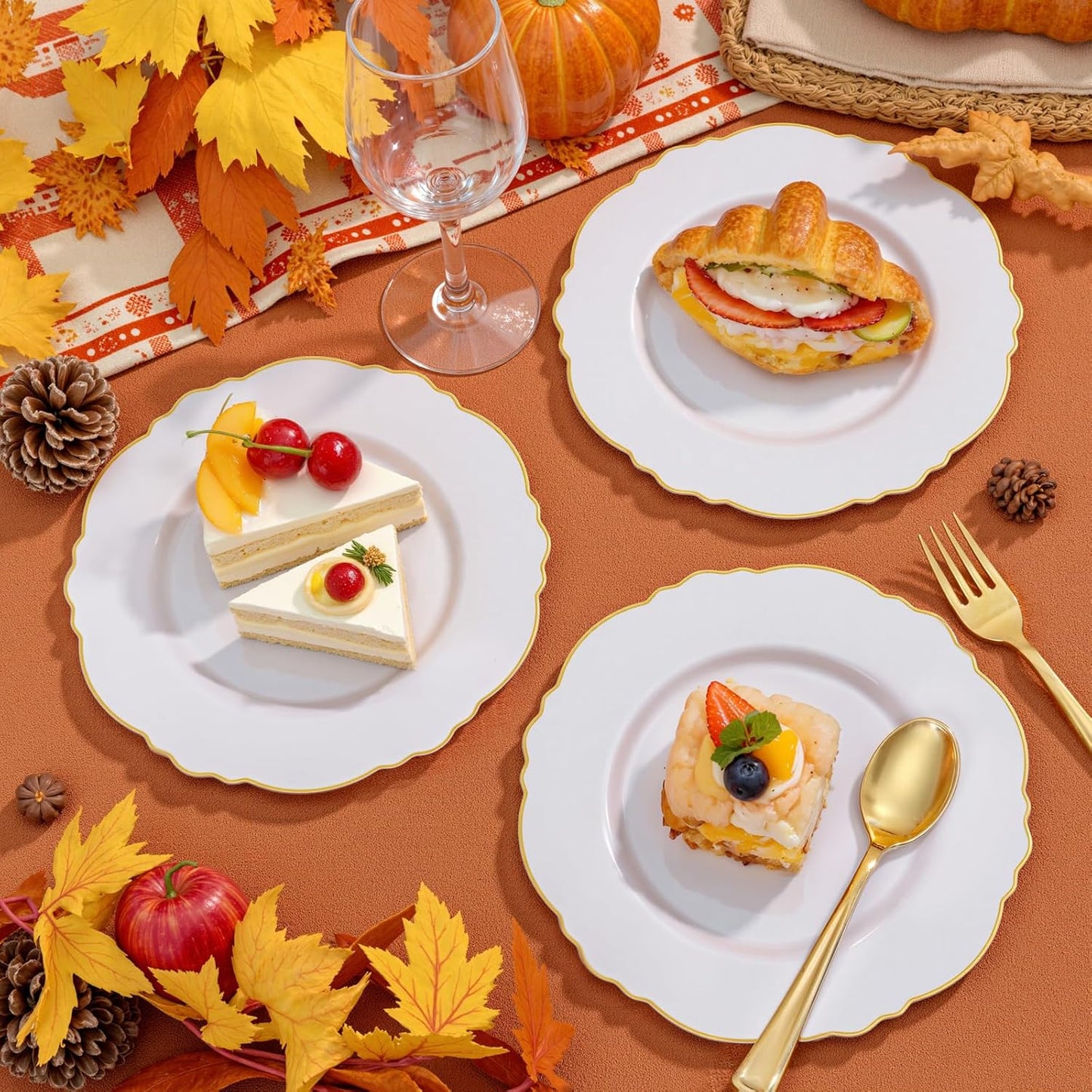 WDF 60pcs White and Gold Plastic Plates - Baroque White With Gold of 30 Heavy Duty Gold dinner plates 10.25inch, 30 Salad Plates 7.5inch Perfect for Thanksgiving Weddings/Party/Birthday