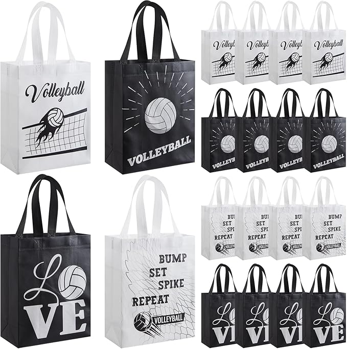Wesnoy 24 Pcs Volleyball Tote Bags Bulk Reusable Non Woven Volleyball Gift Bags with Handles Black and White Party Favors Practice Supplies for Sports Theme Birthday Party