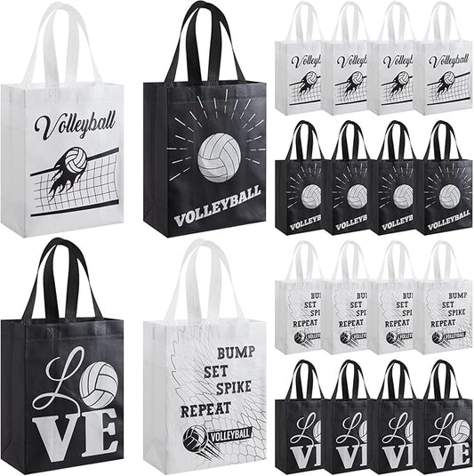 Wesnoy 24 Pcs Volleyball Tote Bags Bulk Reusable Non Woven Volleyball Gift Bags with Handles Black and White Party Favors Practice Supplies for Sports Theme Birthday Party
