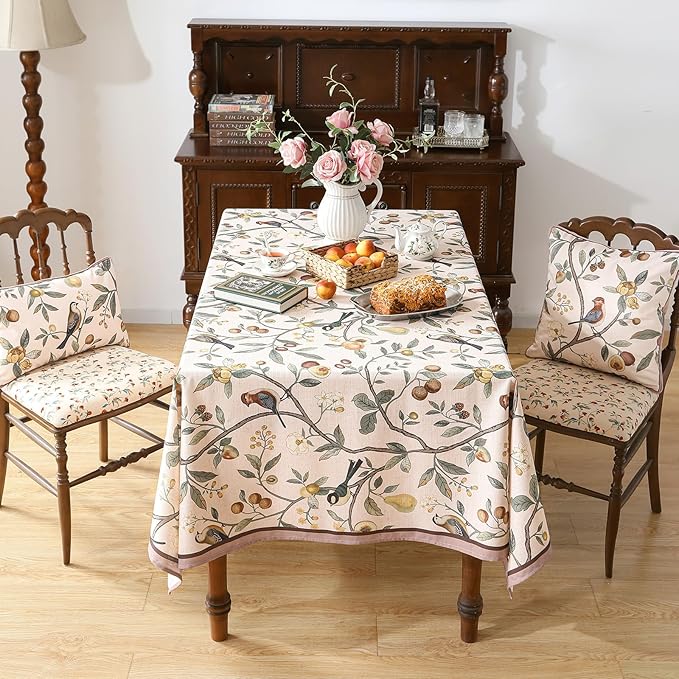 Linen Table Cloth Rectangle,Wrinkle Resistant French Pink Tablecloth Print with Froal,Decor Stitch Table Cloth for Thanksgiving,Dining Room,Home,Kitchen 67" × 118"-Dewey A
