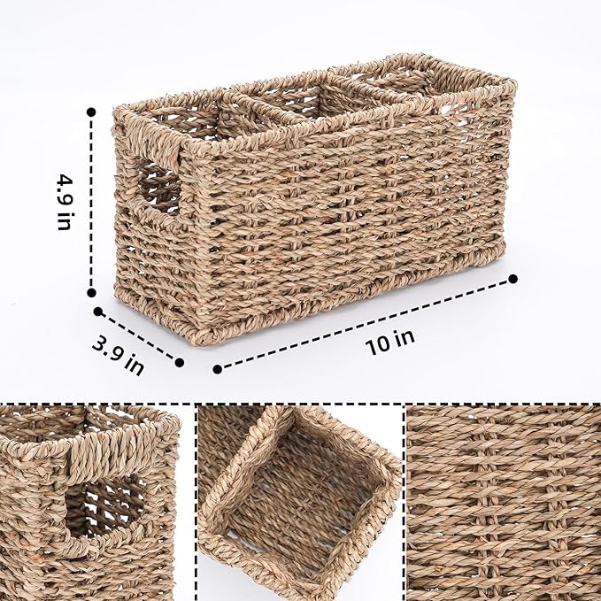 Wicker Party Silverware Caddy, Small Water Hyacinth Plastic Cutlery Utensil Holder, Hand Woven with Handles, Kitchen Countertop and Picnic flatware Organizer