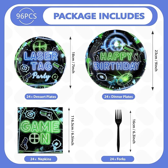 96PCS Laser Tag Birthday Party Decorations Laser Tag Party Plates Disposable Green Blue Laser Party Tableware Set for Kids Boys Girls Neon Glow Laser Tag Game Birthday Decorations, Serves 2