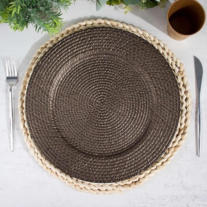 Efavormart 6 Pack | 13" Natural Brown Acrylic Plastic Rattan-Like Charger Plates, Round Disposable Dinner Serving Plates