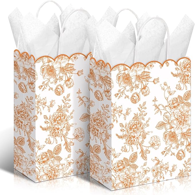 Kolldenn 24 Pcs Fall Floral Gift Bags with Handles Fall Party Favor Candy Treat Goodie Bags Scalloped for Birthday Decoration for Bridal Baby Shower Party Supplies