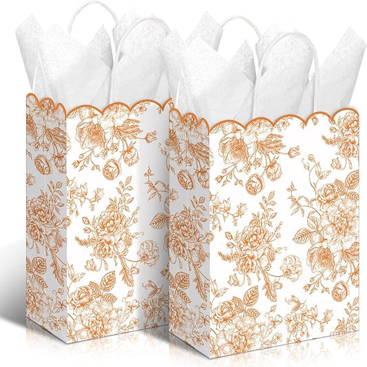 Kolldenn 24 Pcs Fall Floral Gift Bags with Handles Fall Party Favor Candy Treat Goodie Bags Scalloped for Birthday Decoration for Bridal Baby Shower Party Supplies