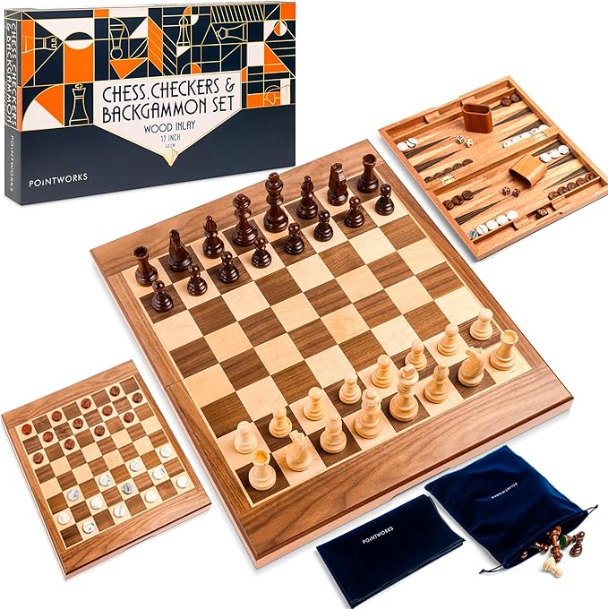Pointworks 17 Inch Chess Checkers Backgammon Set for adults, Wooden chess set combo, portable folding two sided board multi game design, maple walnut inlay with large weighted pieces, acrylic checkers
