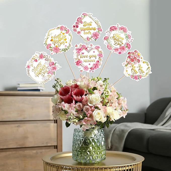 18 PCS Happy Mother's Day Centerpiece Sticks Double Sided Rose Flowers Love Mom Table Centerpieces Best Mom Floral Decorations for Happy Mother's Day Theme Women Birthday Party Centerpieces Supplies
