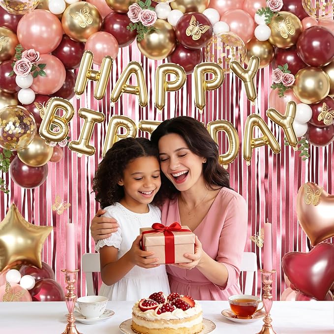 Burgundy Birthday Decorations for Women, Maroon Metallic Rose Gold White Gold Foil Confetti Balloons Happy birthday Banner Gold Butterfly Fringe Curtains Birthday Decorations for Women Girls